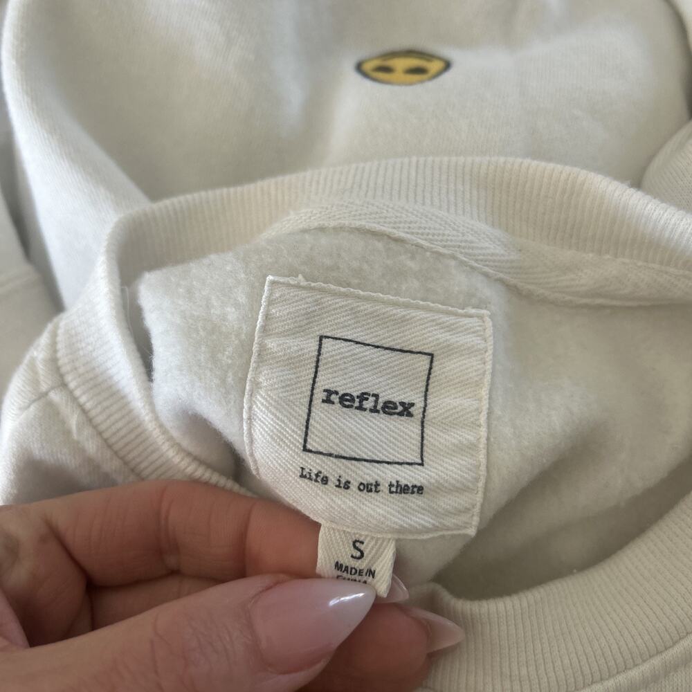 Reflex Sweatshirt Small White Ivory Embroidered Smiley Crew Neck Sweater Womens - Picture 6 of 8